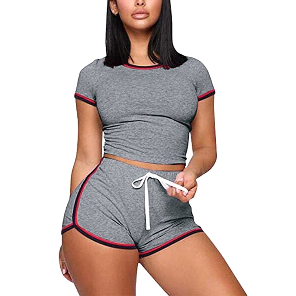 2020 New Women 2Pcs Casual Sports Suit Summer Ladies Striped Short Bennys Beauty World