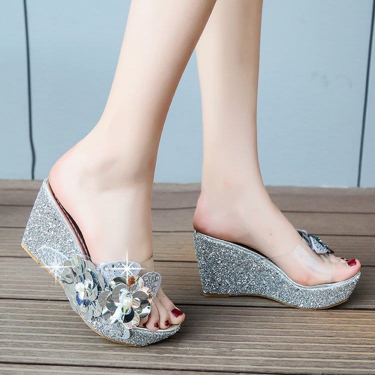♟◈☽High-heeled slippers women s summer wear wedge heel 2021 new