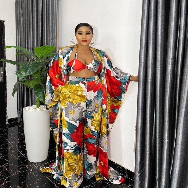 2021 Chic 4 Piece Set European And American Sexy Print New African Abaya Design Bra Top+Pants+Cape Coat+ Scarf Women Sets Dress Bennys Beauty World