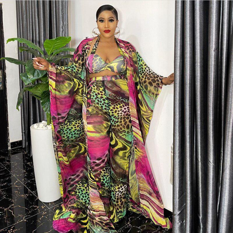 2021 Chic 4 Piece Set European And American Sexy Print New African Abaya Design Bra Top+Pants+Cape Coat+ Scarf Women Sets Dress Bennys Beauty World