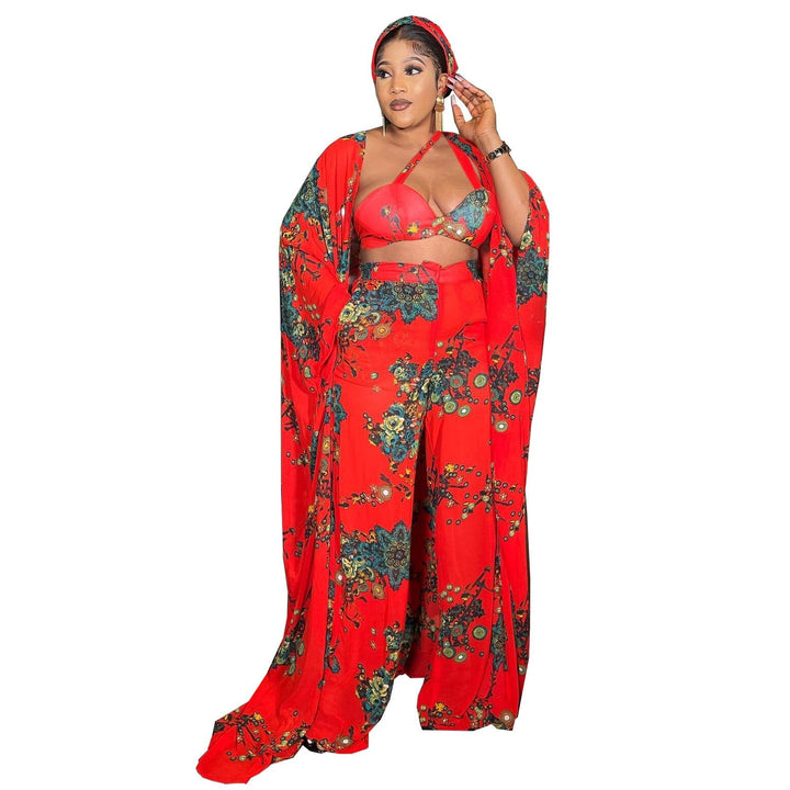 2021 Chic 4 Piece Set European And American Sexy Print New African Abaya Design Bra Top+Pants+Cape Coat+ Scarf Women Sets Dress Bennys Beauty World