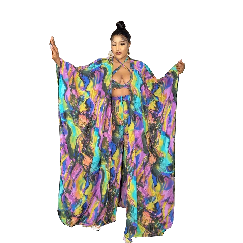 2021 Chic 4 Piece Set European And American Sexy Print New African Abaya Design Bra Top+Pants+Cape Coat+ Scarf Women Sets Dress Bennys Beauty World