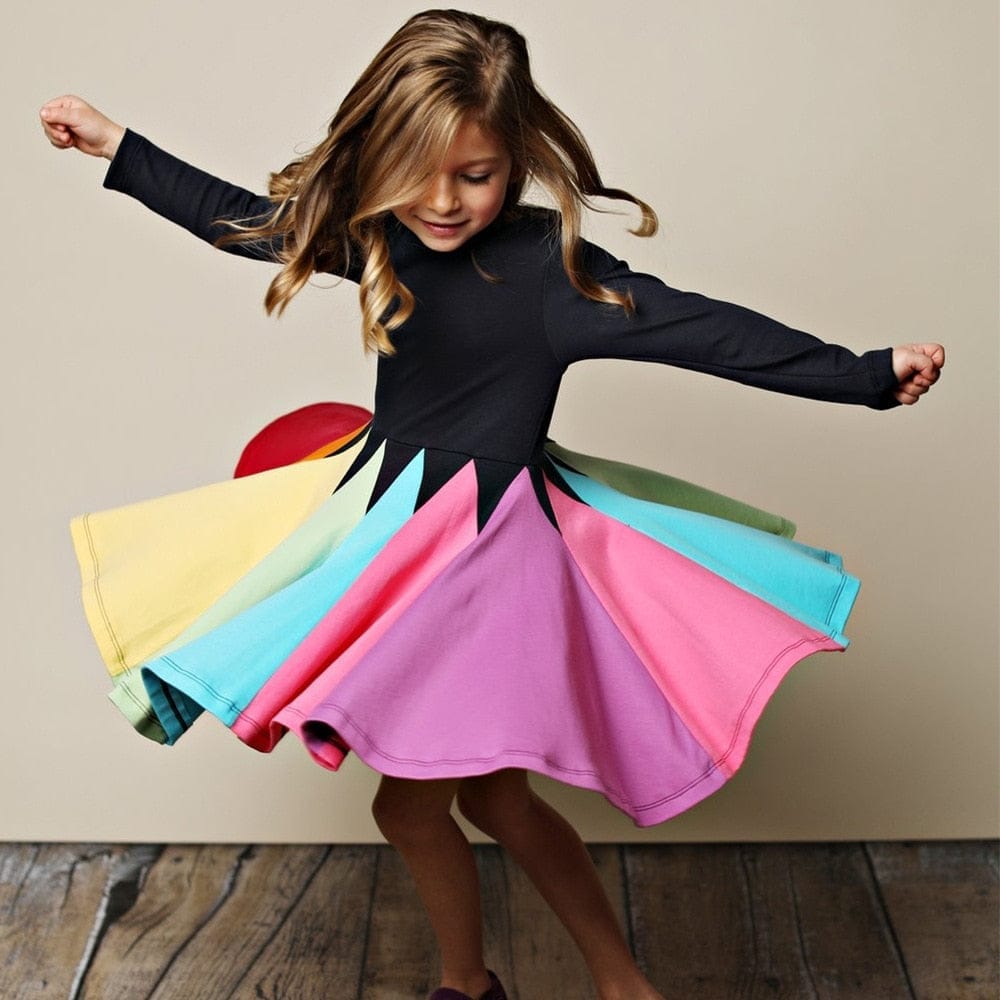 2021 New Kids Long Sleeve Rainbow Color kids clothes Fashion Princess Dresses Bennys Beauty World