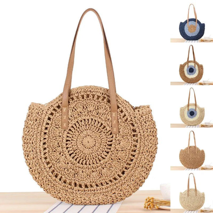 2021 New Round Straw Shoulder Bags Ladies Handbag Tote Bags For Beach Vacation Bennys Beauty World