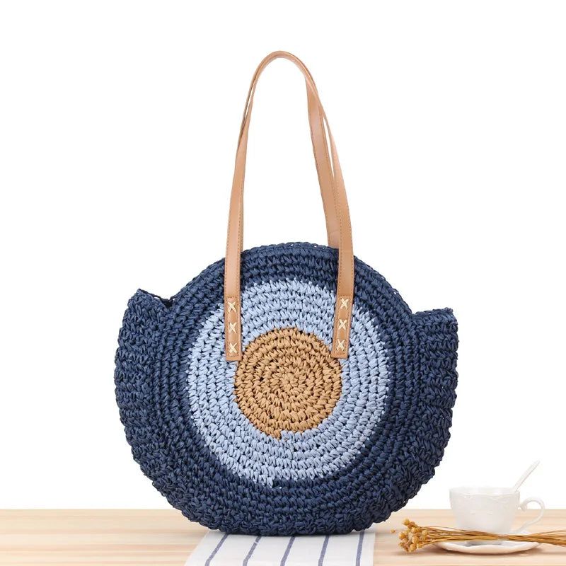 2021 New Round Straw Shoulder Bags Ladies Handbag Tote Bags For Beach Vacation Bennys Beauty World