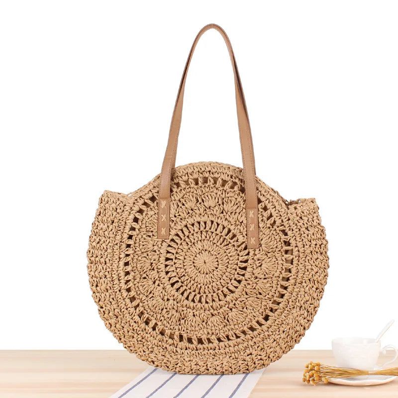 2021 New Round Straw Shoulder Bags Ladies Handbag Tote Bags For Beach Vacation Bennys Beauty World