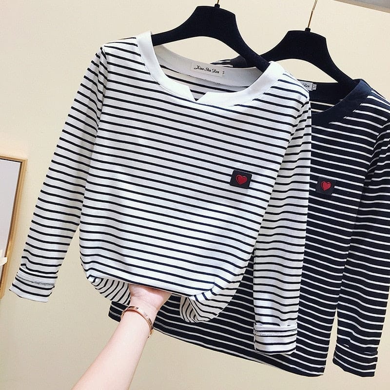 2021 Women Striped T Shirts Long Sleeve 95% Cotton Tops Bennys Beauty World