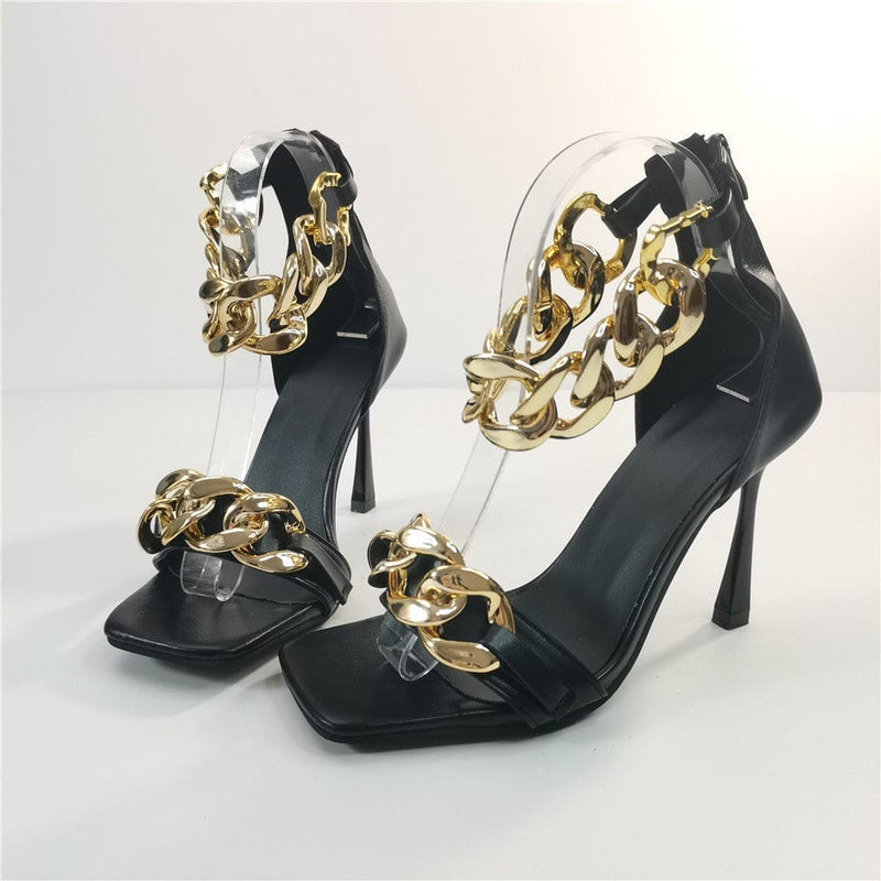 2021 new design gold chain square toe women high heel sandals Bennys Beauty World