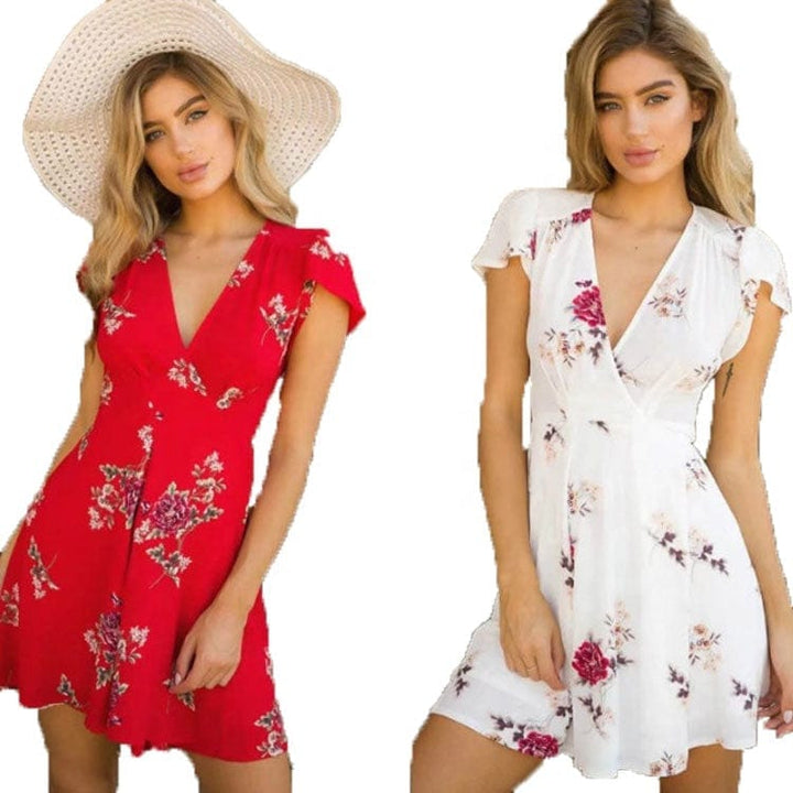 2022 Spring And Summer Chiffon Printed V Neck Casual Dress Bennys Beauty World