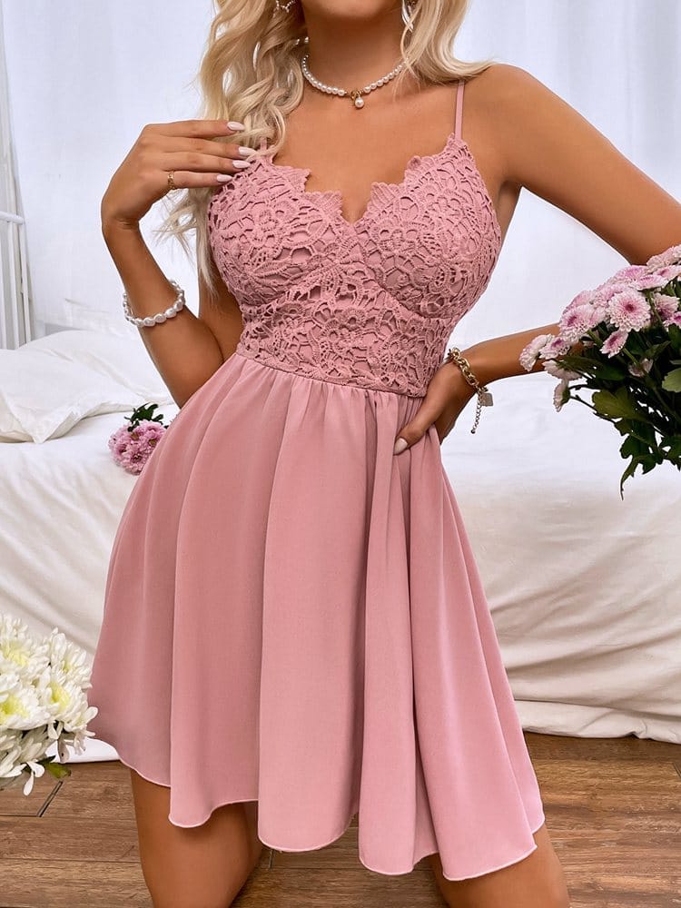 2022 Spring Summer New High Waist Lace Pink Chic Dress Bennys Beauty World