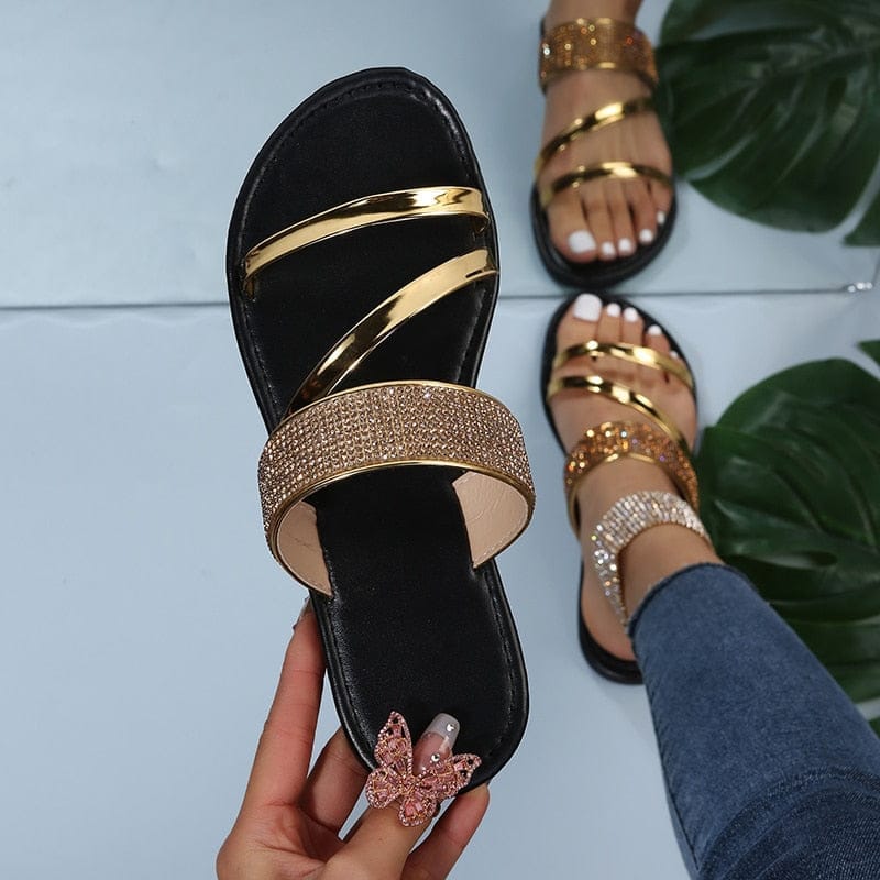 2022 Summer New Women's Fashion Gold Rhinestone Casual Slippers Bennys Beauty World