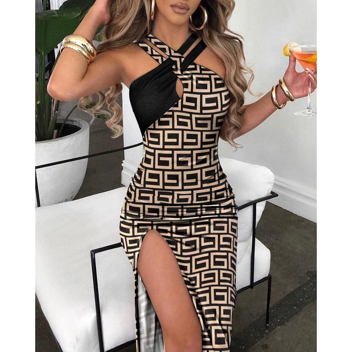 2023 Summer Women Color-block Slit Dress Bennys Beauty World