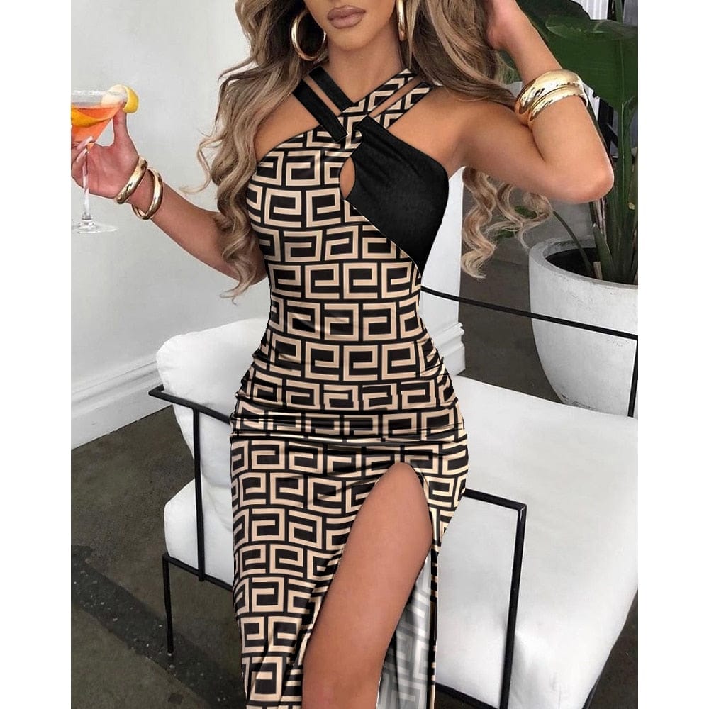 2023 Summer Women Color-block Slit Dress Bennys Beauty World