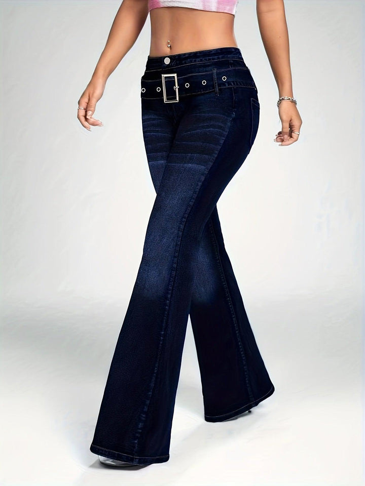 Dark Washed Blue Bell Bottom Flare Leg Jeans for Women - Stylish Casual Denim-Bennys Beauty World