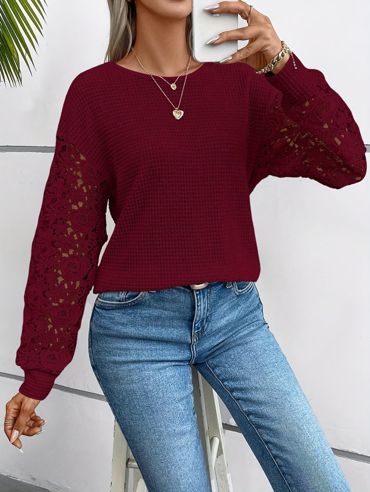 Contrast Lace Waffle Crew Neck T-shirt, Elegant Long Sleeve Backless Top For Spring & Fall, Women's Clothing-Bennys Beauty World