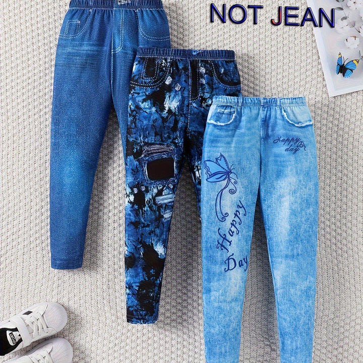 3 Packs Lightweight Thin Leggings Set Faux Denim Print Pants Kids Clothes Gift Spring Fall, As Christmas Gifts-Bennys Beauty World