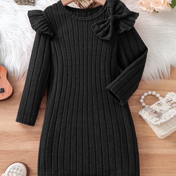 Girls Elegant Dresses, Long Ruffle Sleeve Bow Decor Ribbed Dress For Spring & Fall, Perfect For Dinner Party, As Gifts-Bennys Beauty World