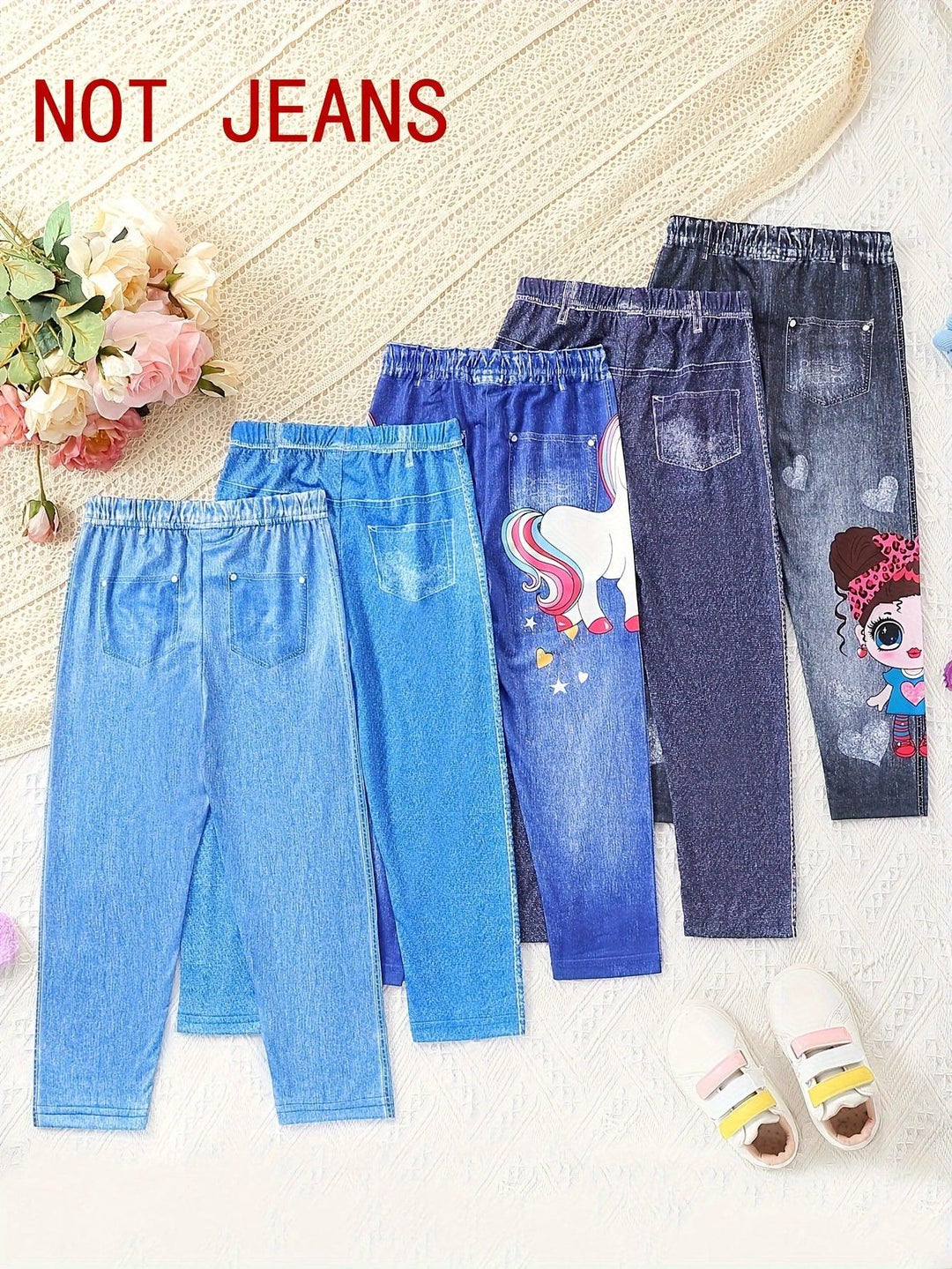 Girls 5pcs/set Trendy & Casual & Soft Allover Imitation Denim Print Pants For Spring & Fall-Bennys Beauty World