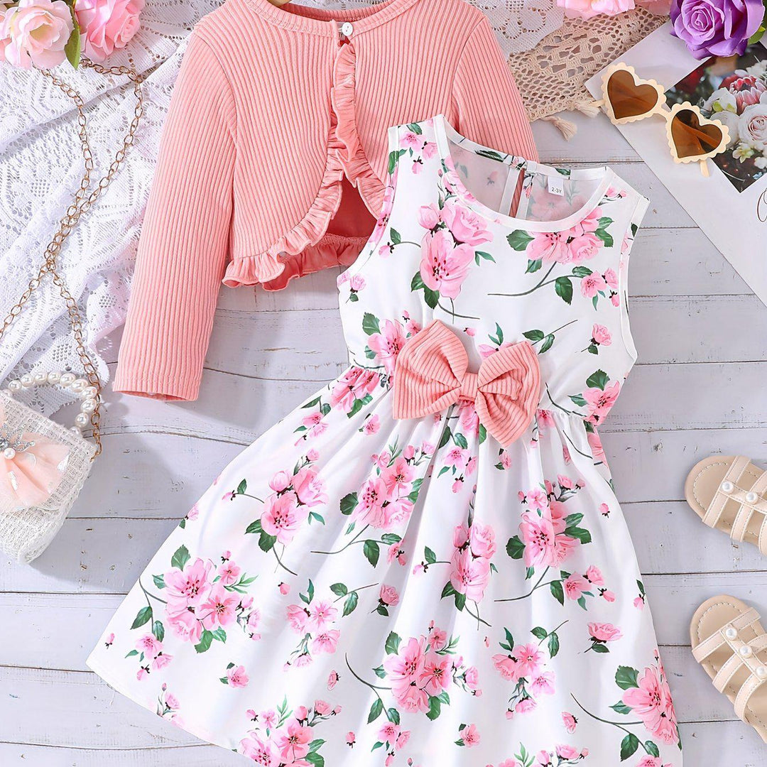 1 set 2pcs Elegant Floral Sleeveless Dress & Long Sleeve Cardigan Set for Girls, Spring/Fall Fashion & Comfort-Bennys Beauty World