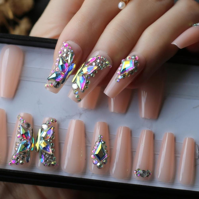 24 Pcs Butterfly Crystal Luxury Coffin Nude Press On Nails Bennys Beauty World