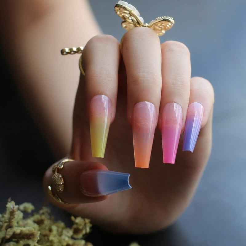 24 Pcs Extra Rainbow nails long coffin Ombre fake nail luxury coffin  false nails Bennys Beauty World