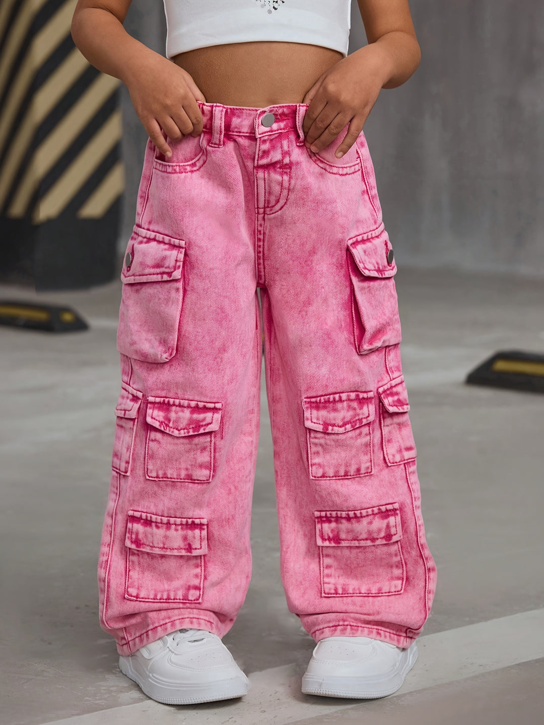 Girl Fashion Pink Denim Jeans, Loose Wide-Leg Pants