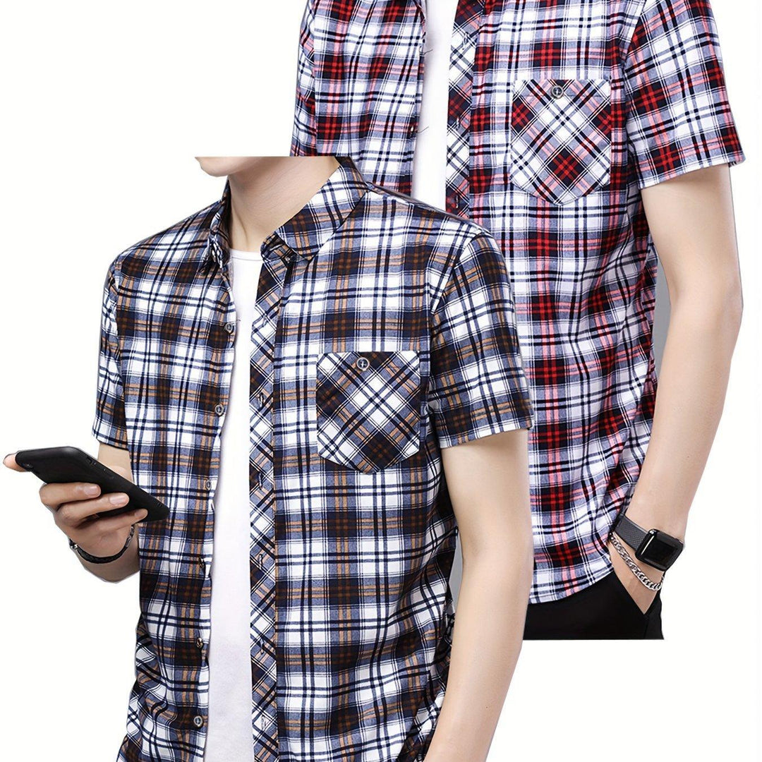 Set of 2 Short-Sleeve Checkered Shirts with Buttons