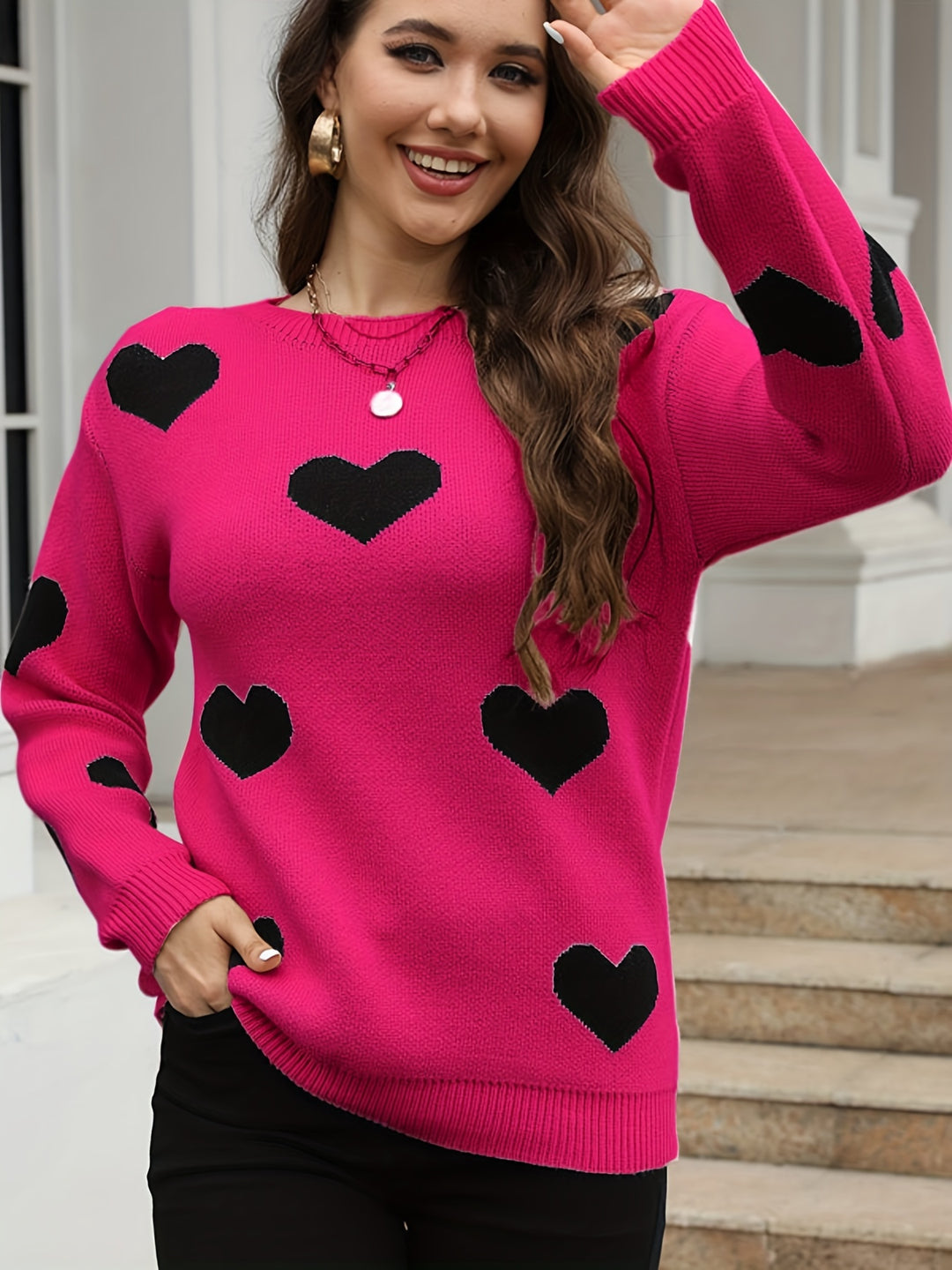 Heart Pattern Crew Neck Sweater For Women