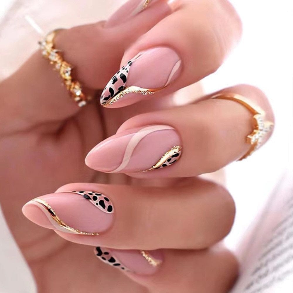 24Pcs Pink Leopard Print Stiletto False Nails French Lines Almond Fake Nails Bennys Beauty World