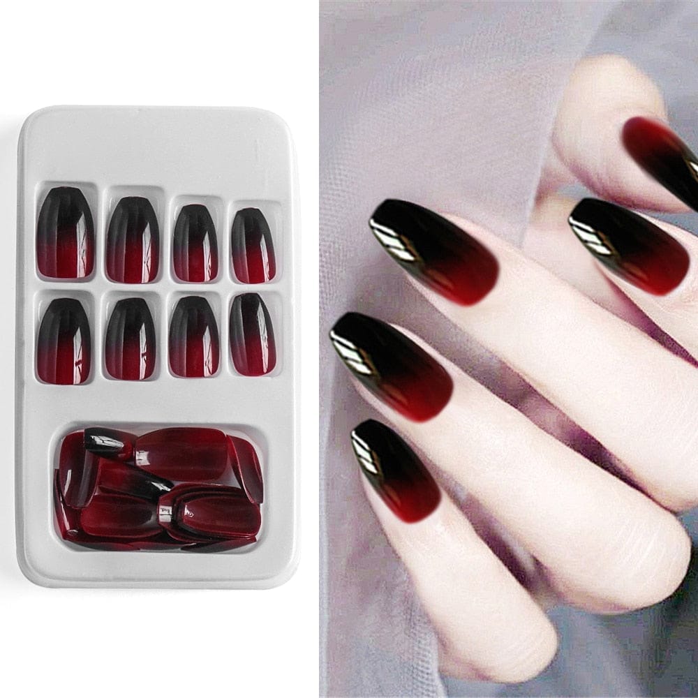 24Pcs/Set European Long Coffin Fake Nails Pre-design False Nails with Glue Bennys Beauty World