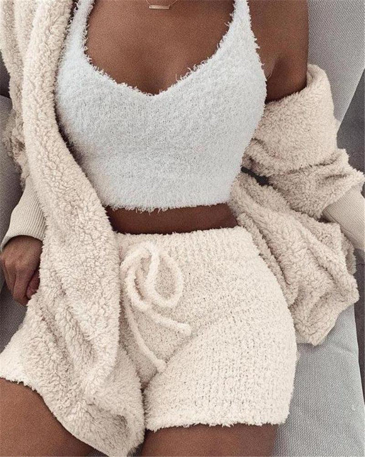 3pcs Womens Clothing Long Sleeve Crop Tank Top And Drawstring Shorts Pajama Set-crop top-Bennys Beauty World