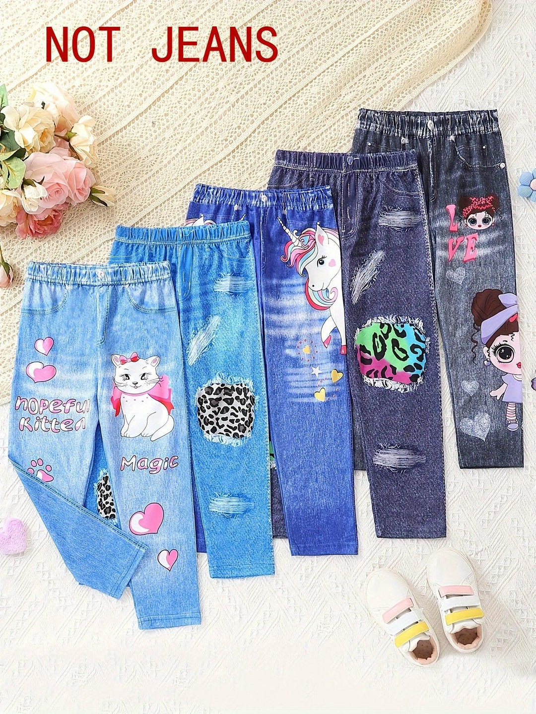 Girls 5pcs/set Trendy & Casual & Soft Allover Imitation Denim Print Pants For Spring & Fall-Bennys Beauty World