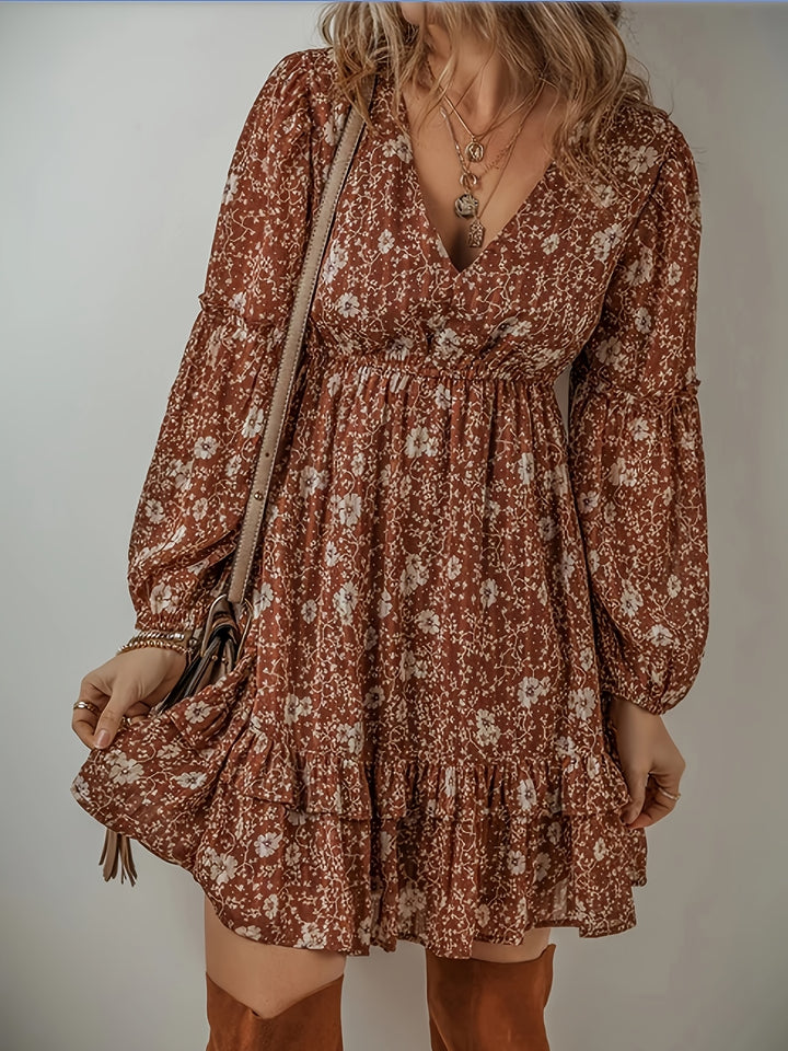 Women's Bohemian Floral Print V-Neck Mini Dress with Puff Sleeves-Dress-Bennys Beauty World