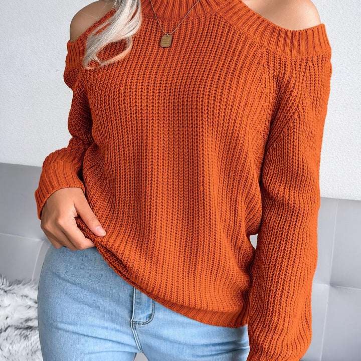 Solid Crew Neck Knit Sweater, Casual Long Sleeve Cold Shoulder Sweater, Women's Clothing-Bennys Beauty World