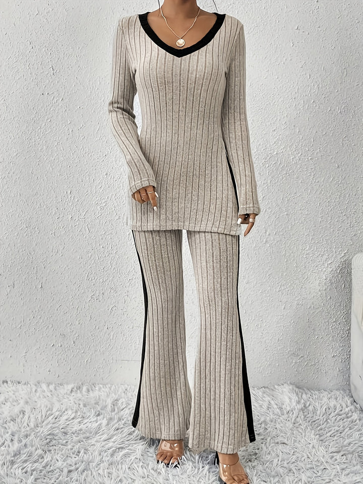 Chic Color Block Rib Knit Pantsuits for Women - Long Sleeve V Neck Top & Flared Pants Set-Bennys Beauty World