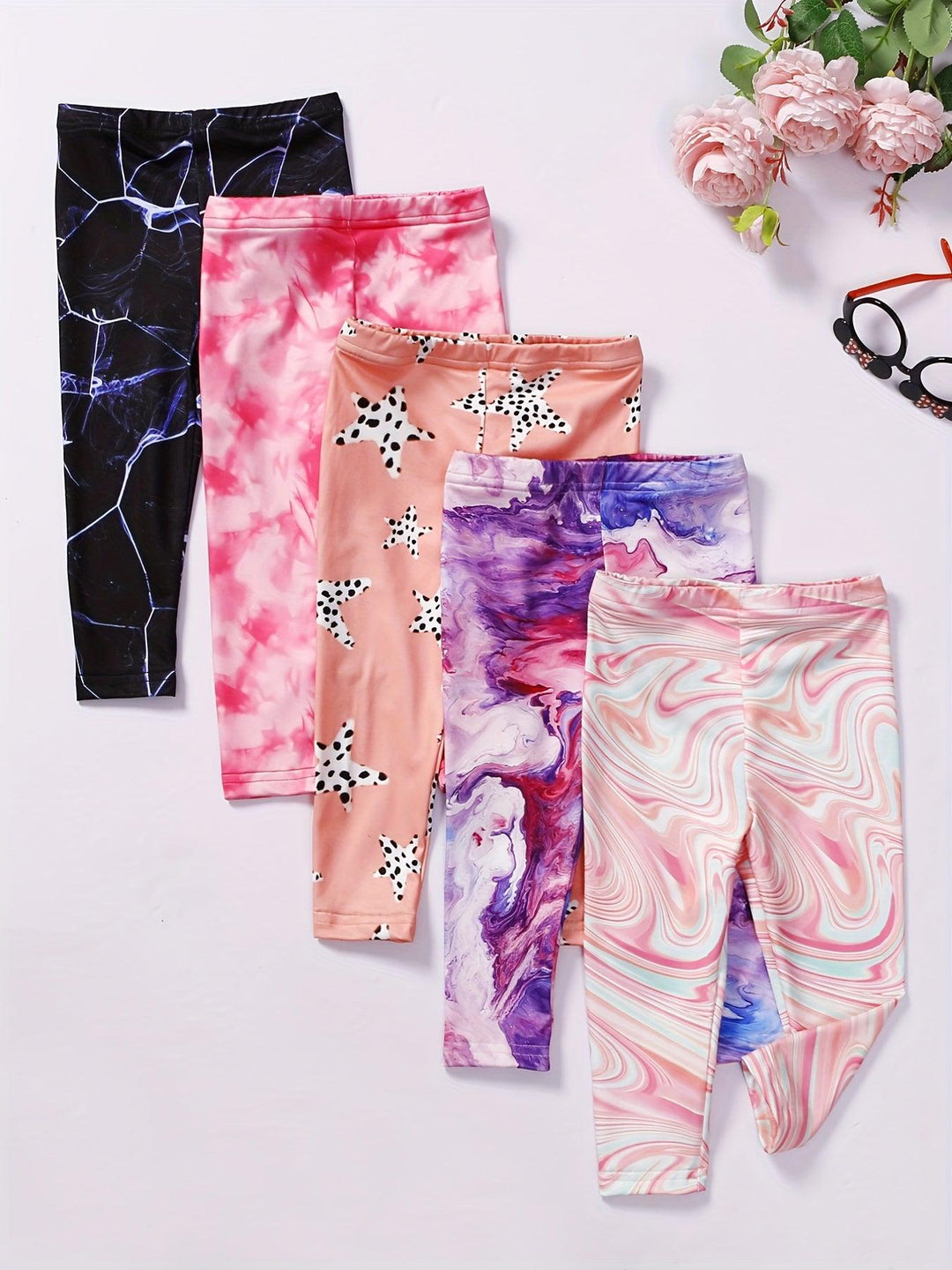 5pcs Girls' Stretch Tie Dye Footless Legging Pants Elastic Waist Pants For A Fashionable Look-Bennys Beauty World