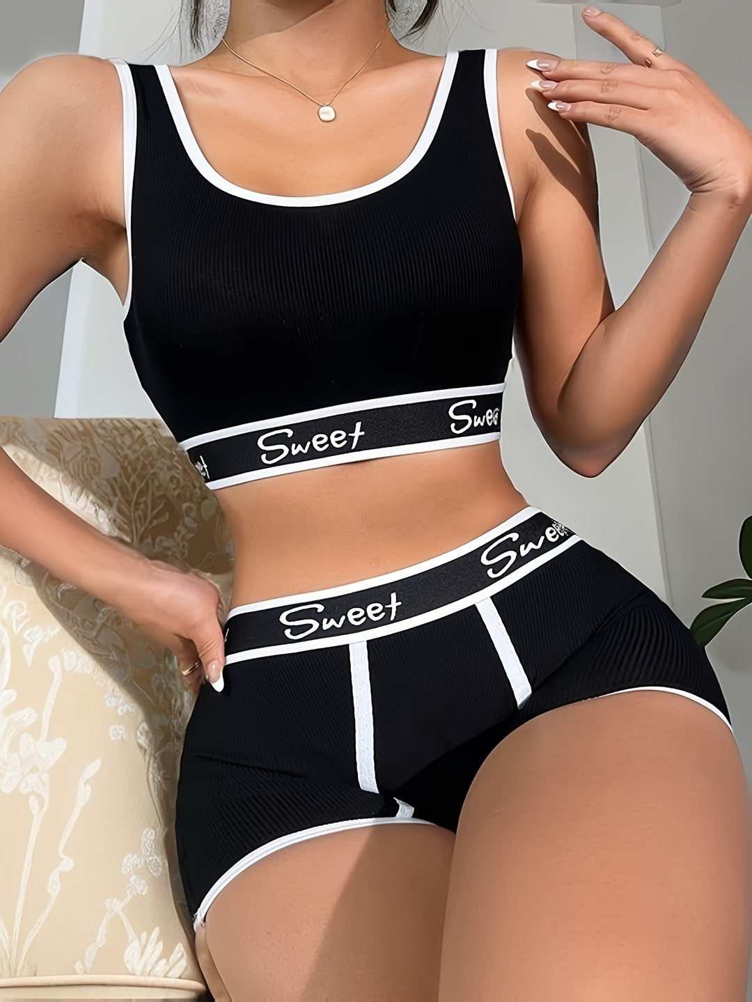 Breathable Solid Sport Bra & Panty, Push Up Bra & Panties Lingerie Set, Women's Lingerie & Underwear-Bennys Beauty World