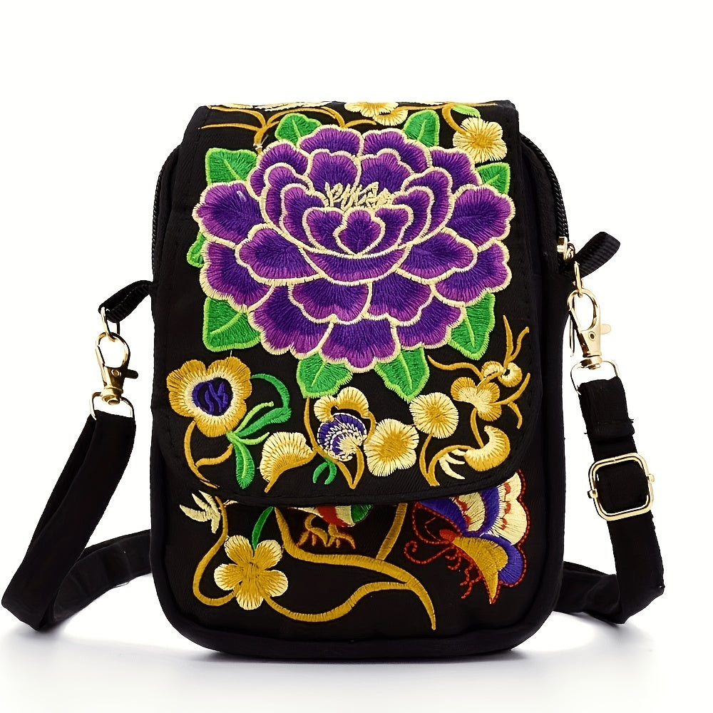 Women's Embroidered Mini Shoulder Bag with Detachable Strap