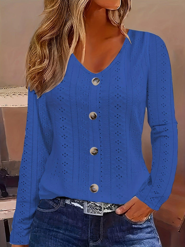 Eyelet Solid Blouse, Casual Button Front V Neck Long Sleeve Blouse, Women's Clothing-Bennys Beauty World