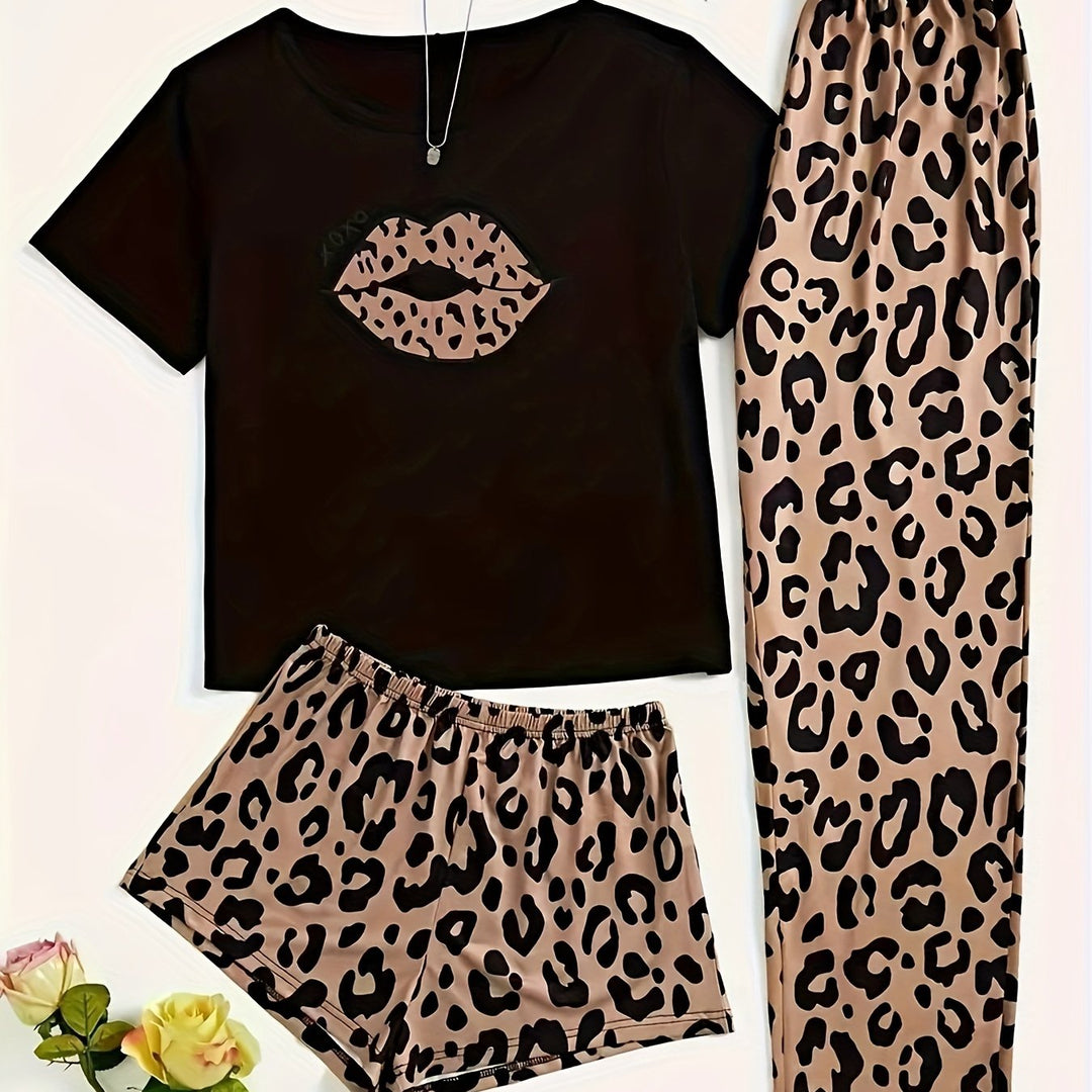 Women's Leopard Lip Print Casual Pajama Set