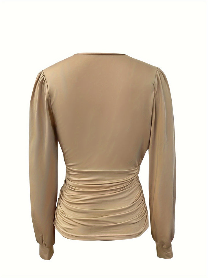 Solid Ruched V Neck Blouse For Women-Bennys Beauty World