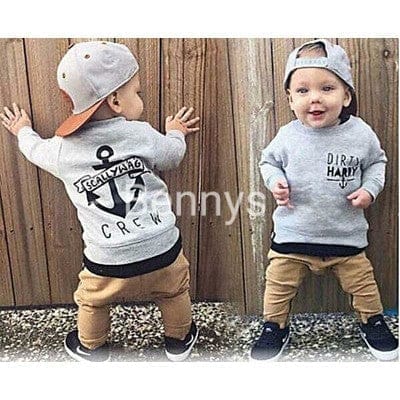 2PCS Baby Boys Clothes Long Sleeve Cotton Grey Sweater+Khaki Pants Bennys Beauty World