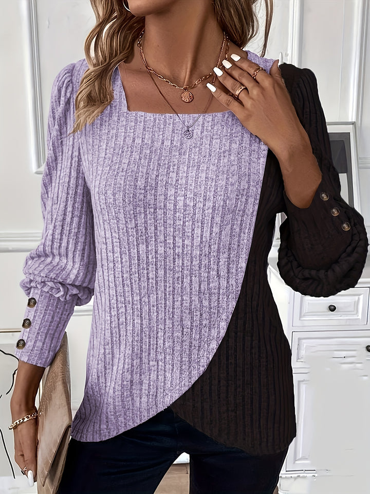 Casual Square Neck Long Sleeve T-Shirt For Women-T-Shirt-Bennys Beauty World