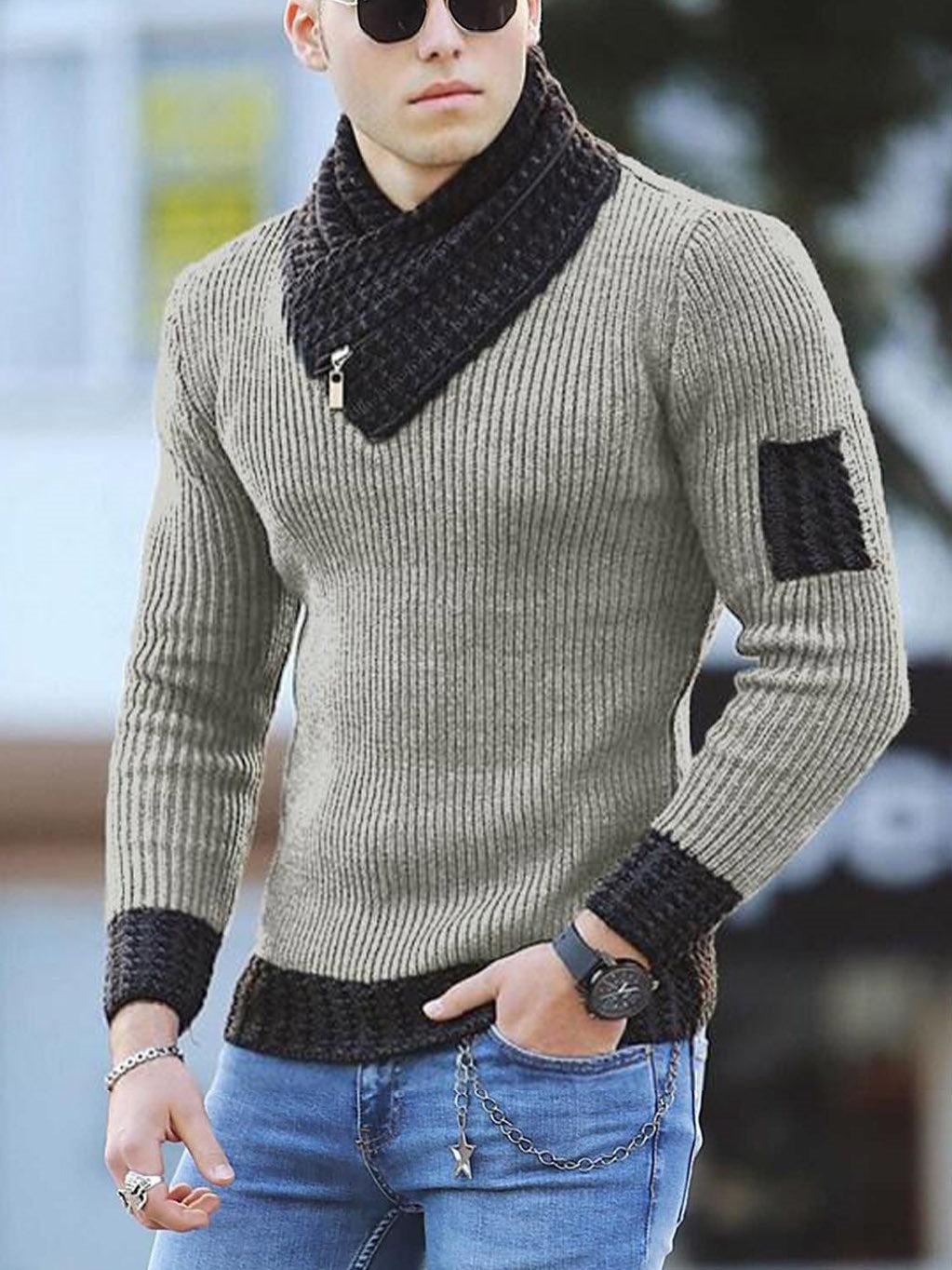 Men's Casual Slim Knit Pullover Long-sleeved Scarf Collar Sweater-Shirts-Bennys Beauty World