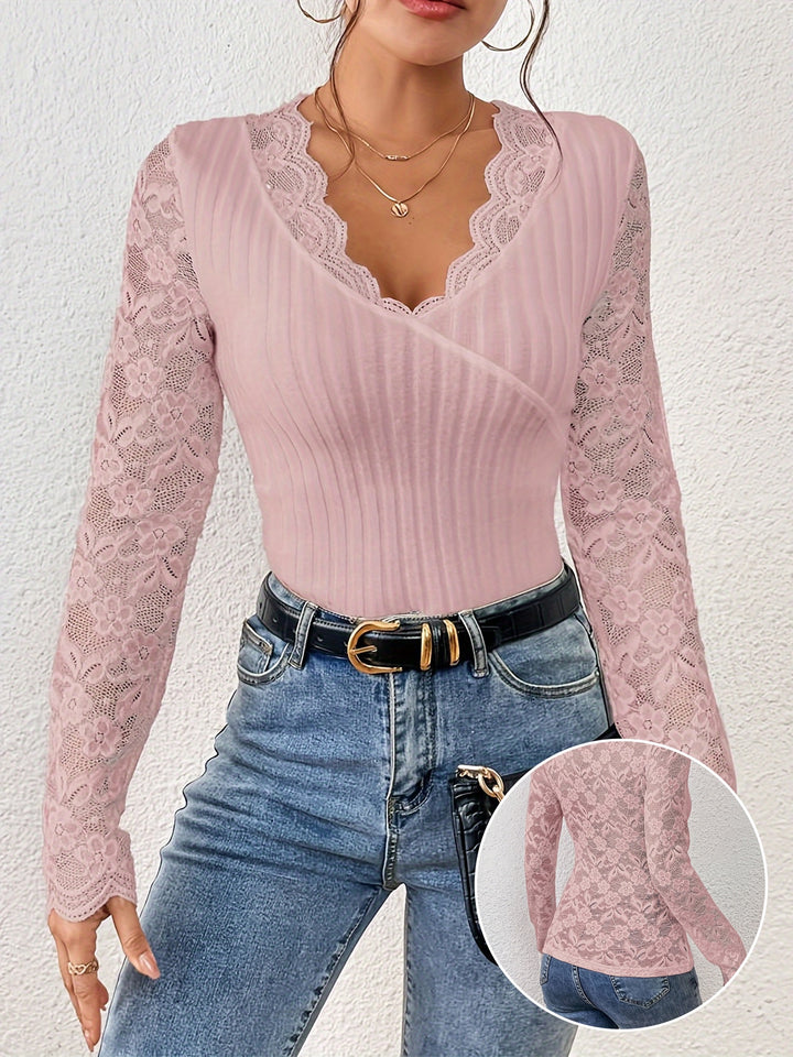 Ribbed Contrast Lace T-Shirt, Casual V Neck Long Sleeve Top For Spring & Fall, Women's Clothing-Bennys Beauty World