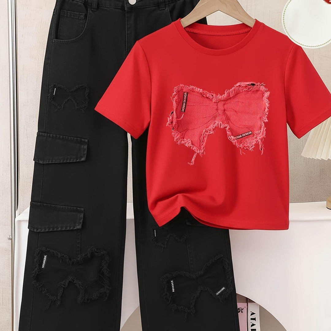 Girls' Casual Print T-Shirt with Faux Denim Butterfly Print