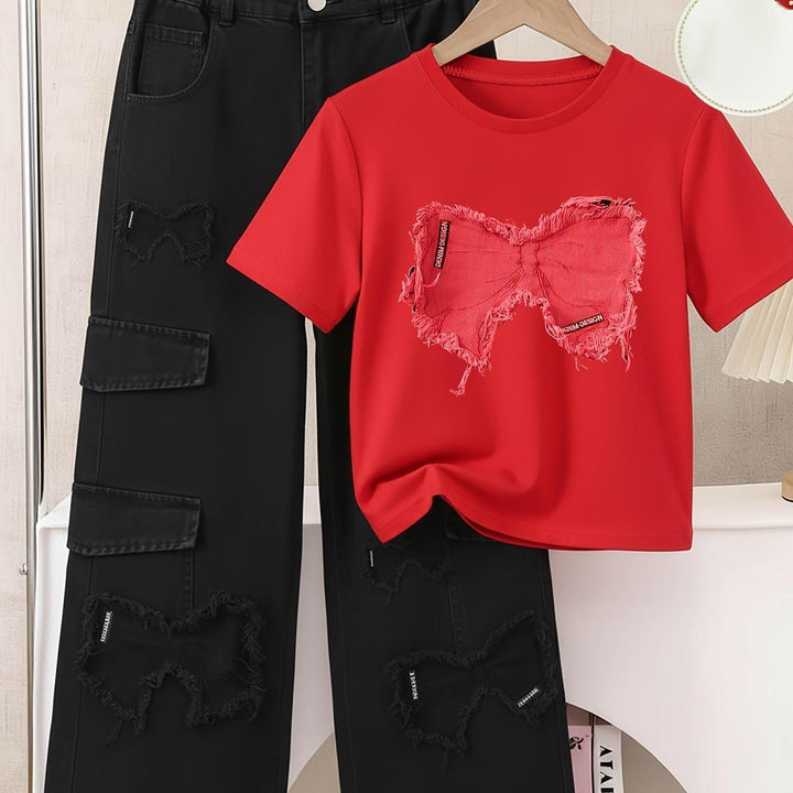 Girls' Casual Print T-Shirt with Faux Denim Butterfly Print