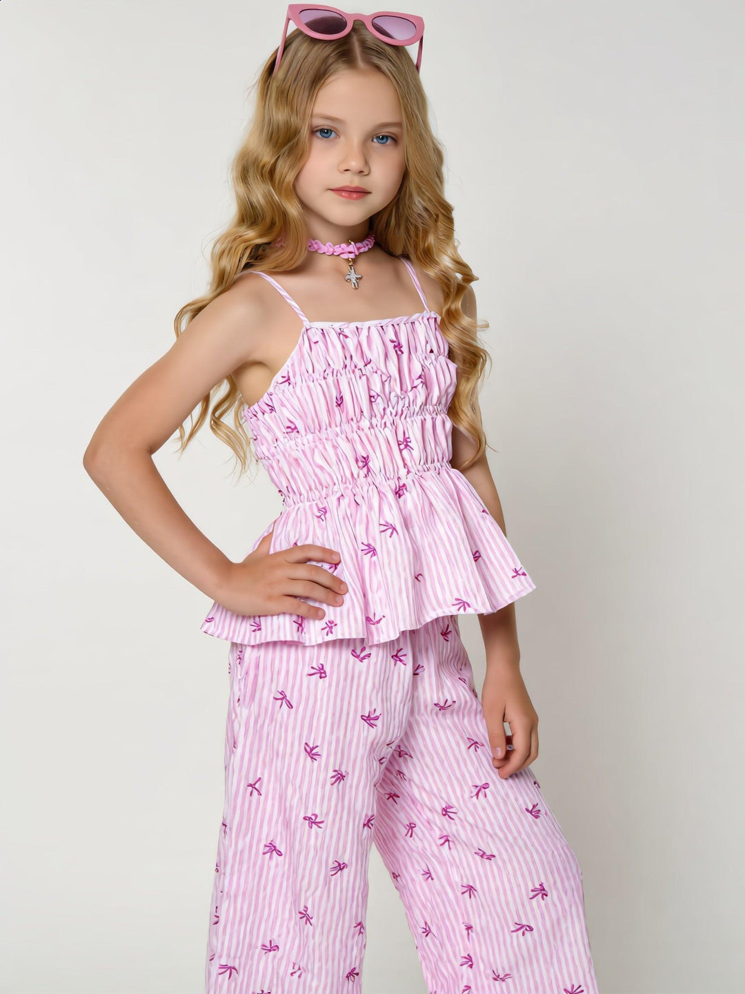 Girls' Novelty Striped Bow-Tie Top and Straight-Leg Pants