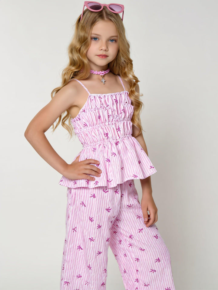 Girls' Novelty Striped Bow-Tie Top and Straight-Leg Pants
