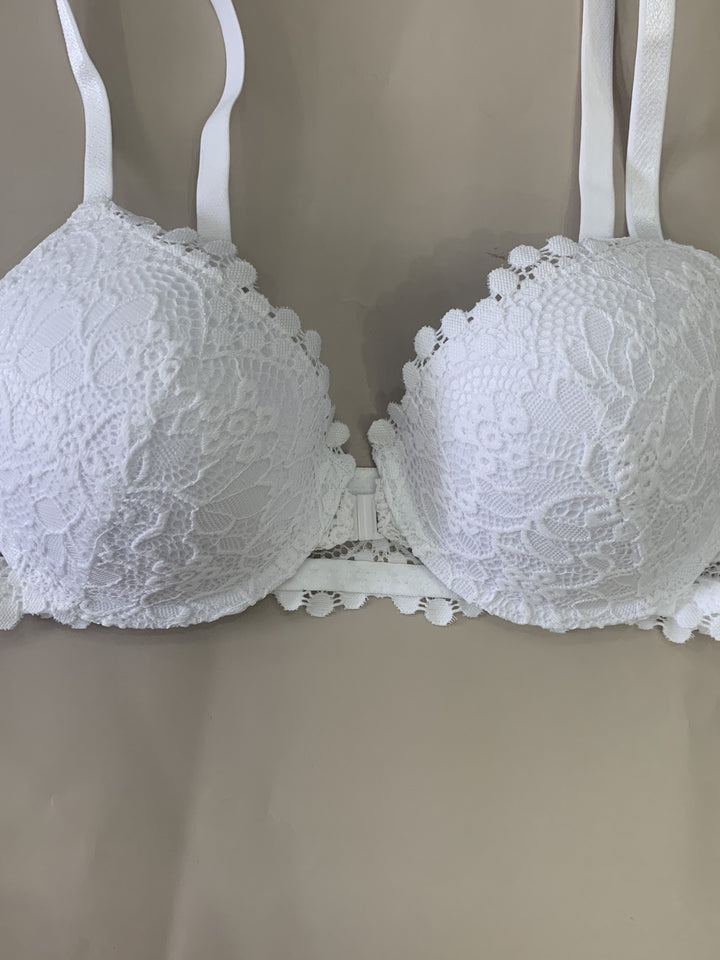 Solid Floral Lace Front Closure Underwire Bra, Sexy Comfy Push Up Bra, Women's Lingerie & Underwear-Bennys Beauty World